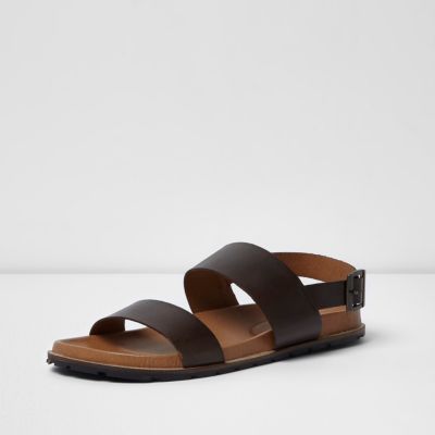 Dark brown leather double strap sandals